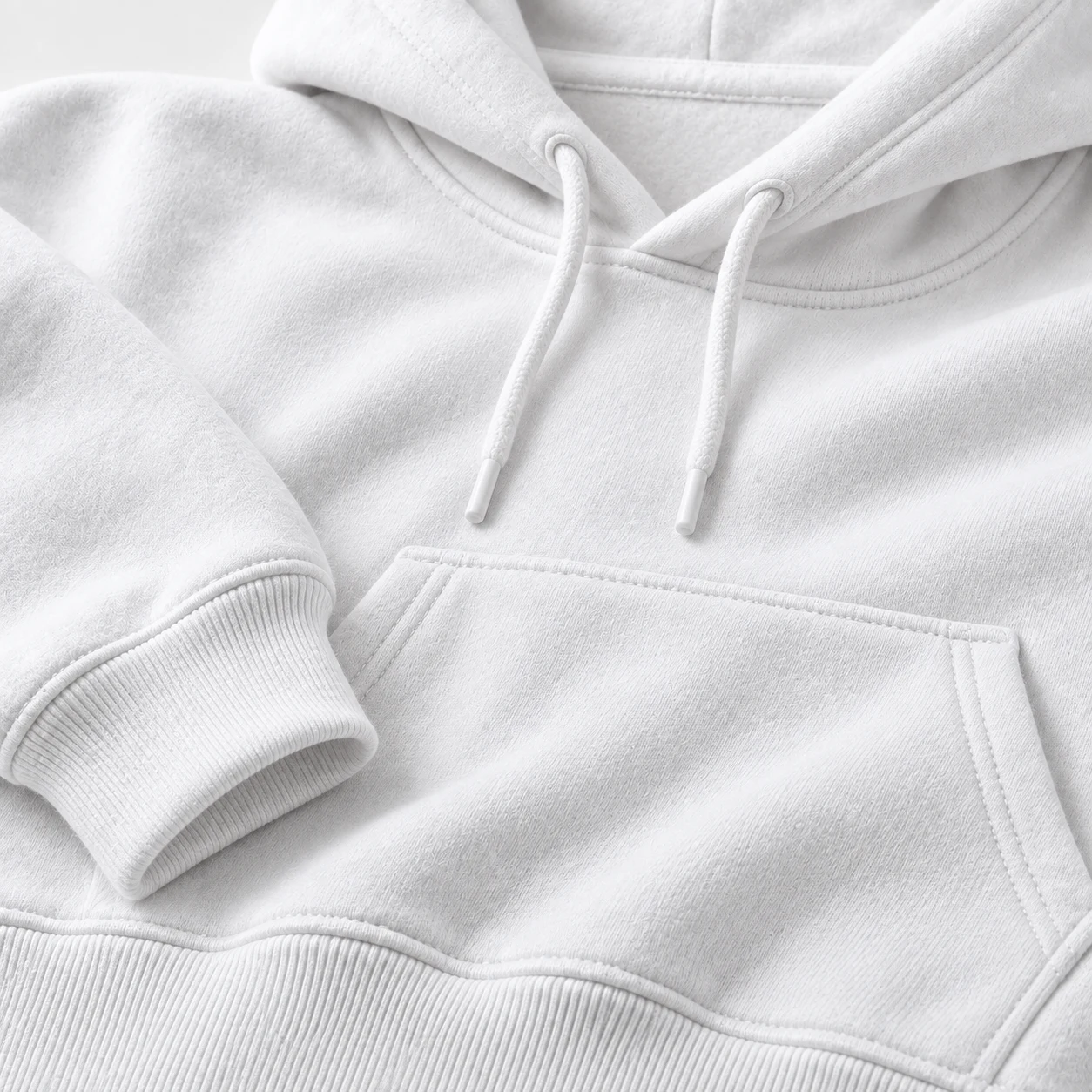 Close-up of a white hoodie showing the drawcord and kangaroo pocket