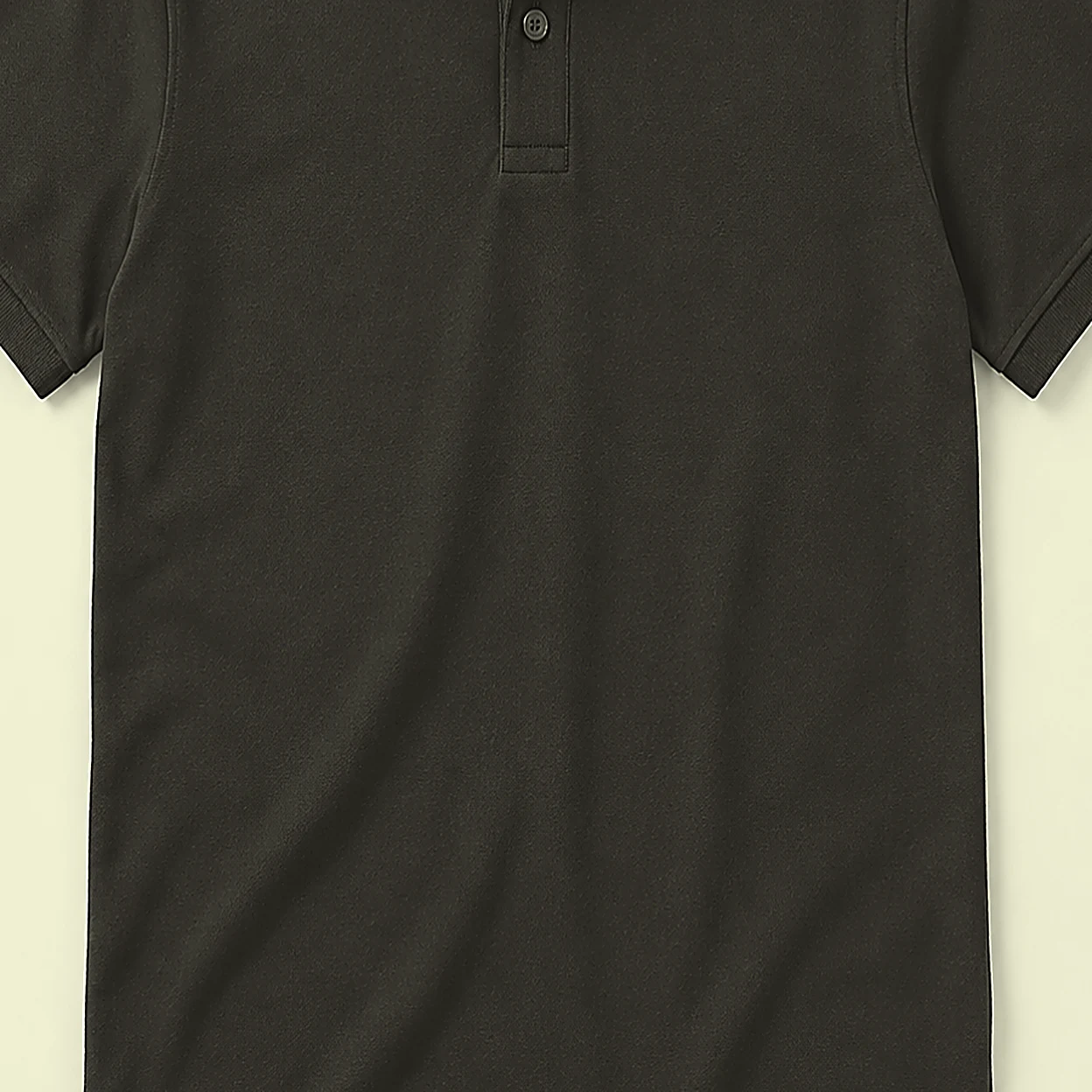 Dark polo shirt laid flat, showing the two-button placket